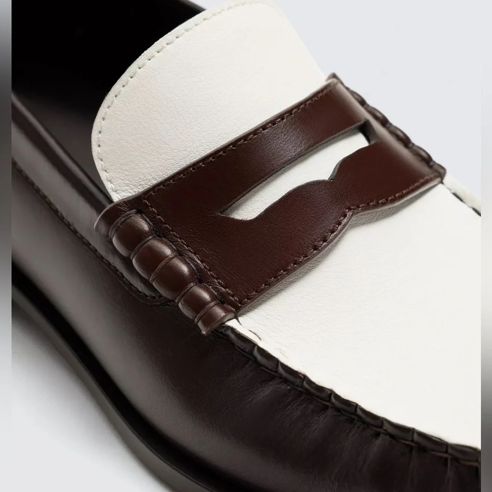 Zara Leather Two Tone Penny Loafers Brown White Preppy Old Money NWT 41 EU 8 US
